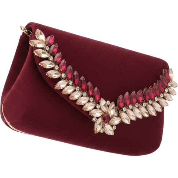 Handbags - Burgundy Beaded Evening Bag Crossbody Strap Clutch Purse